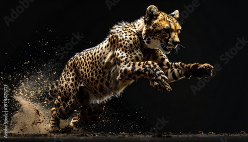Dynamic Cheetah Leap in Dark Water, Powerful Wildlife Action Shot.