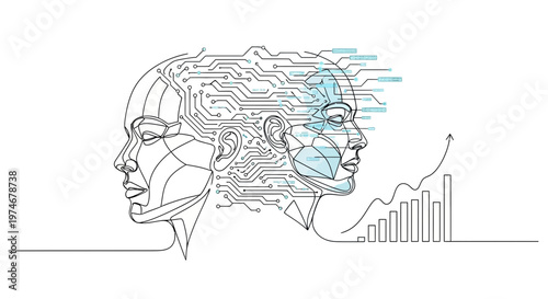 Digital human faces with circuit lines.