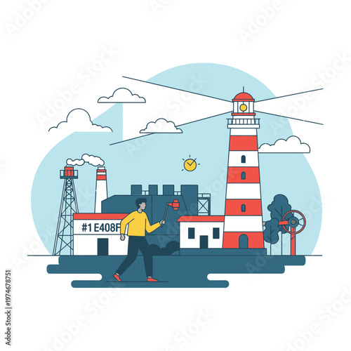 Man walking near industrial complex and lighthouse.
