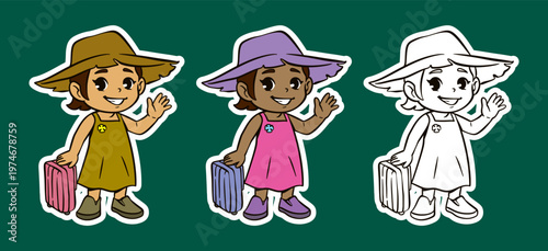 Cartoon Character of a Girl Waving with Sun Hat