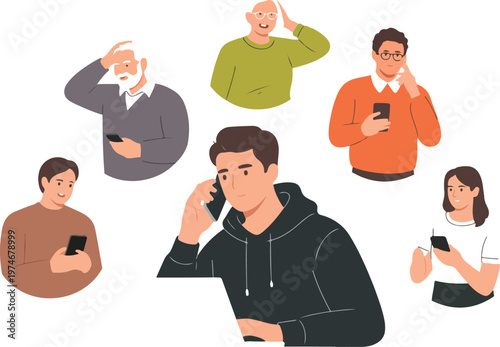 Phone scammer making fraudulent calls to victims, cyber criminal tricking people into transferring money online fraud vector illustration