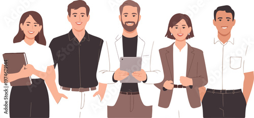 Corporate leadership concept with business team portrait, confident manager leading group of professional men and women employees vector illustration