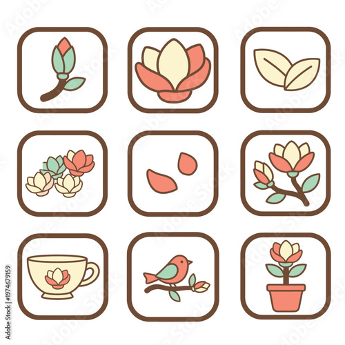 Set of Cute Floral and Bird Themed Icons.