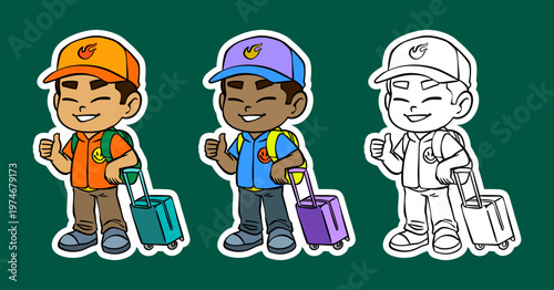 Cartoon Character of a Boy Traveling with Luggage and Thumbs Up