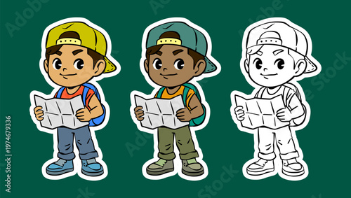 Cartoon Character of a Boy Checking a Map with Backpack
