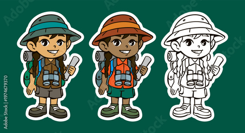 Girl Hiking with Backpack and Map Cartoon Character