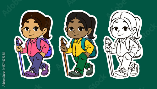 Girl Trekking with Walking Stick and Backpack Cartoon Character