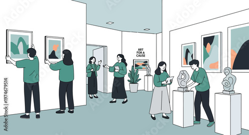 People admiring art in a modern gallery exhibition.