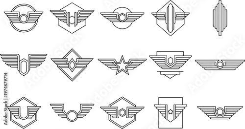 Winged emblem icon collection, aviation and military insignia designs, shield, star, circle, geometric badge vector artwork illustrations