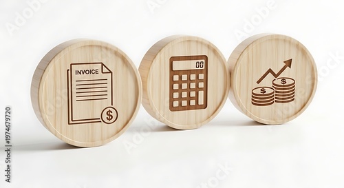 Three wooden tokens showing invoice business icons on surface
