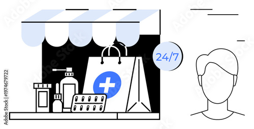Online shopping, telemedicine, pharmacy services, healthcare access, e-commerce, convenience. Medical items under a storefront awning with a 247 symbol. Online shopping and telemedicine theme