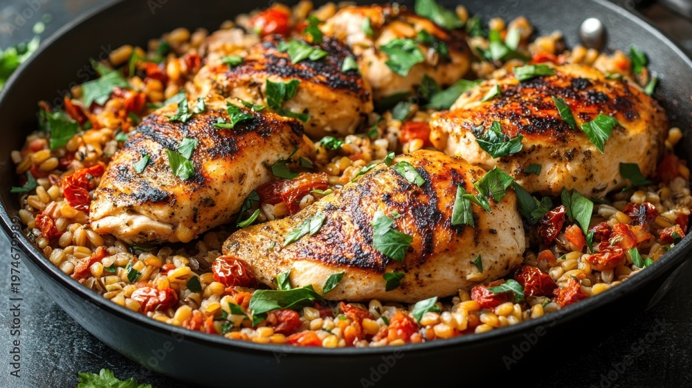 Fototapeta premium Grilled chicken breasts on a bed of barley with roasted tomatoes and fresh herbs