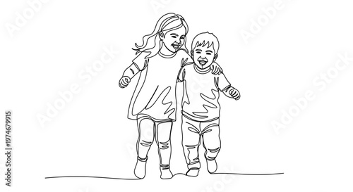 Two children walking together happily outside.
