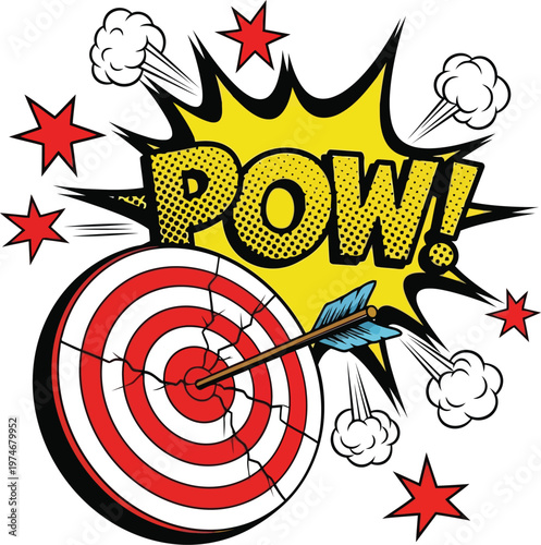 Comic style illustration of an arrow hitting a bullseye target with a pow explosion.