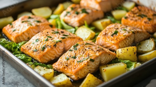 Baked salmon and potatoes on tray with fresh herbs for healthy dinner. National Salmon Day