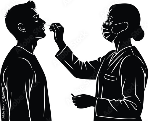 Healthcare worker performing nasal swab test on male patient silhouette, covid testing procedure, medical diagnosis concept, safety protocol, black vector illustration isolated background
