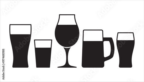 Various beer glassware silhouettes with liquid levels showing pilsner glass and pint plus mug and tulip shape.