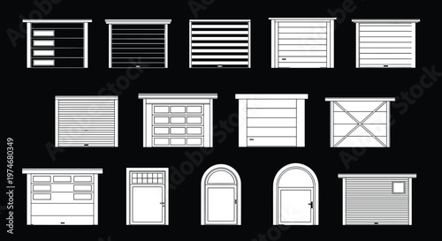 Set of garage doors and entrance door vector illustrations showing modern and classic designs, residential architecture elements, home exterior access solutions and storage entry styles