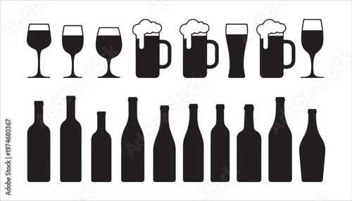 Set of black silhouette wine and beer bottles and glasses vector illustration isolated on white background.