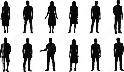 Set of human silhouettes featuring men and women standing in various poses, full body black figures isolated for design, people collection vector illustration