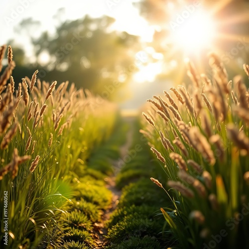 Sun-drenched farm path, soft focus bloom, ethereal glow,  rural lane,  bokeh