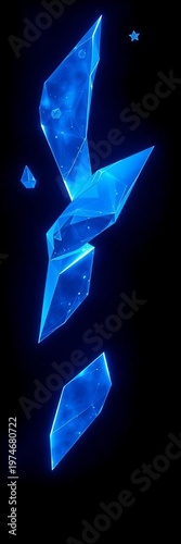 Geometric shards of electric blue float in a dark void, hinting at technology and the unknown,  void,  electric