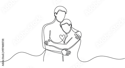 Continuous line drawing of embracing couple.