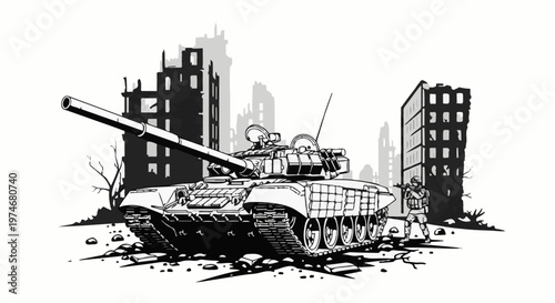 A war-torn city scene with a tank and soldier amidst ruins