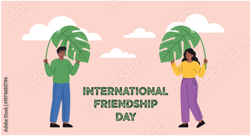 Celebrate friendship day vector illustration of friends with palm leaves perfect for greetings social media