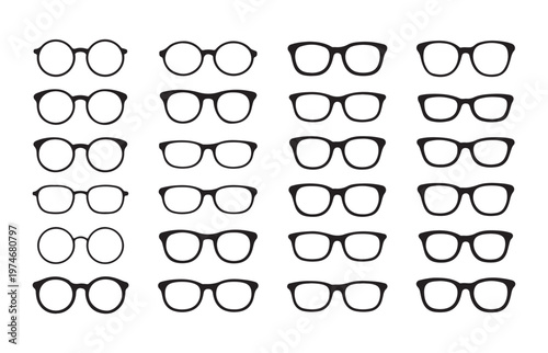 Black outline icons of different glasses frames for vision correction and fashion style on white background.