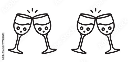 Champagne glasses toasting icon set with bubbles and sparkle lines representing celebration and party events.