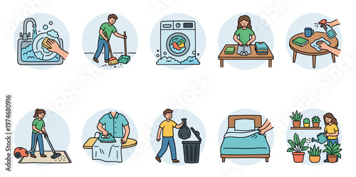 A collection of eight flat design icons depicting various household chores, including dishwashing, sweeping, laundry, ironing, and watering plants.