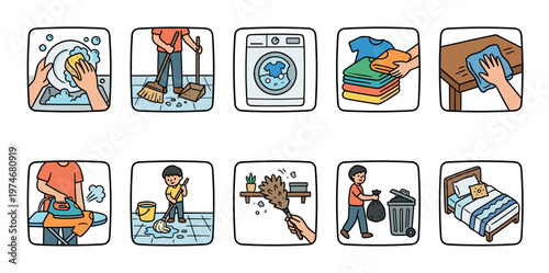 A collection of cute cartoon illustrations depicting various household chores, including washing dishes, sweeping, laundry, ironing, mopping, dusting, taking out trash, and making a bed.