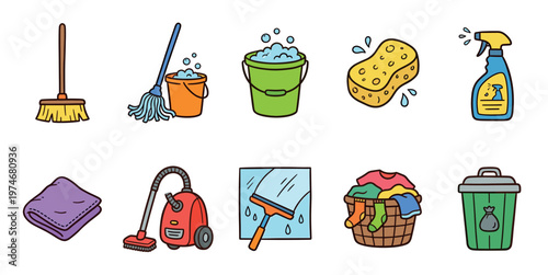 A colorful cartoon collection of ten essential household cleaning tools and supplies, presented as individual graphic elements on a white background.
