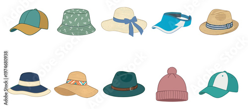 A diverse collection of ten hats, including baseball caps, bucket hats, fedoras, sun hats, and a beanie, are neatly arranged on a clean white background.