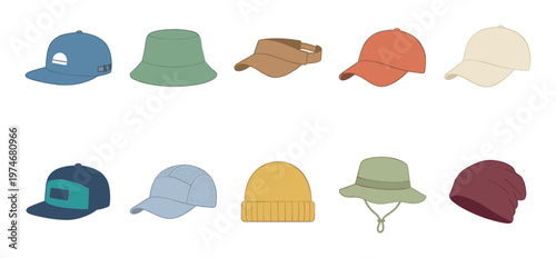 A flat design illustration showcases a collection of diverse headwear including baseball caps, bucket hats, sun visors, and beanies in various colors on a white background.
