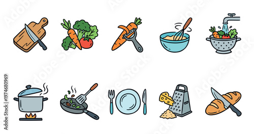 A collection of hand-drawn cartoon icons depicting various stages of food preparation and cooking, including chopping, washing, whisking, and cooking.