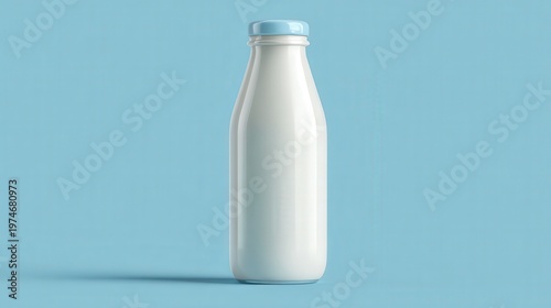 White glass bottle containing milk stands centered against a solid light blue background.