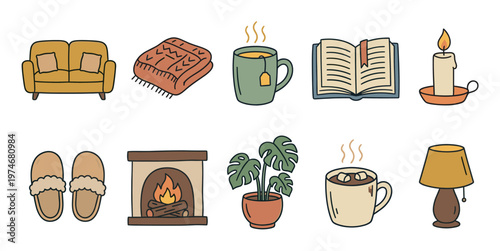 A collection of charming hand-drawn illustrations depicting cozy home items perfect for creating a warm and inviting atmosphere.