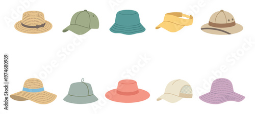 A vibrant collection of ten different illustrated hats arranged in two rows on a clean white background, showcasing various styles for sun protection.