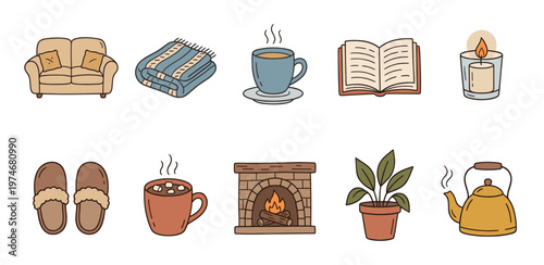 A collection of charming hand-drawn icons representing cozy home elements like a sofa, blanket, books, and warm drinks, perfect for illustrating comfort and relaxation.