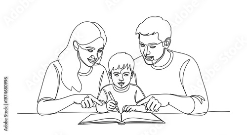 Family helping child with homework at table.