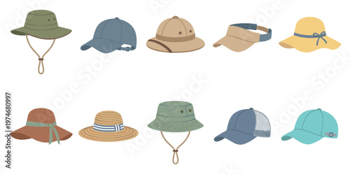 A collection of ten different illustrated hats, including sun hats, baseball caps, and pith helmets, arranged in two rows on a clean white background.