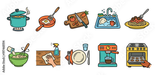 A collection of colorful, hand-drawn icons depicts various kitchen activities including cooking, cleaning, and food preparation for diverse uses.