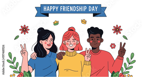 Happy friendship day vector illustration celebrating bonds with diverse friends perfect for greetings social media