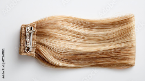 Vue de dessus d'une extension de cheveux professionnelle à clip métallique, de couleur blond miel. Isolé sur fond blanc