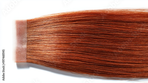 Vue de dessus d'une extension de cheveux professionnelle à coller avec une bande adhésive, de couleur roux cuivré. Isolé sur fond blanc