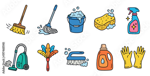 A cheerful cartoon illustration showcases a collection of cleaning tools like a broom, mop, vacuum, and spray bottle, evoking a sense of tidiness and hygiene.