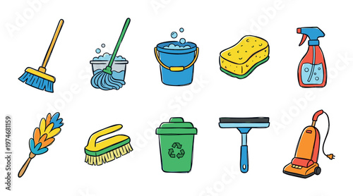 A colorful collection of hand-drawn cartoon cleaning supplies including a broom, mop, bucket, sponge, spray bottle, duster, brush, trash can, squeegee, and vacuum cleaner.