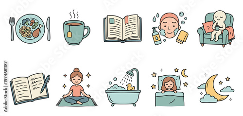 A collection of cute hand-drawn icons depicting various self-care activities like eating, drinking tea, reading, skincare, and sleeping, set against a white background.